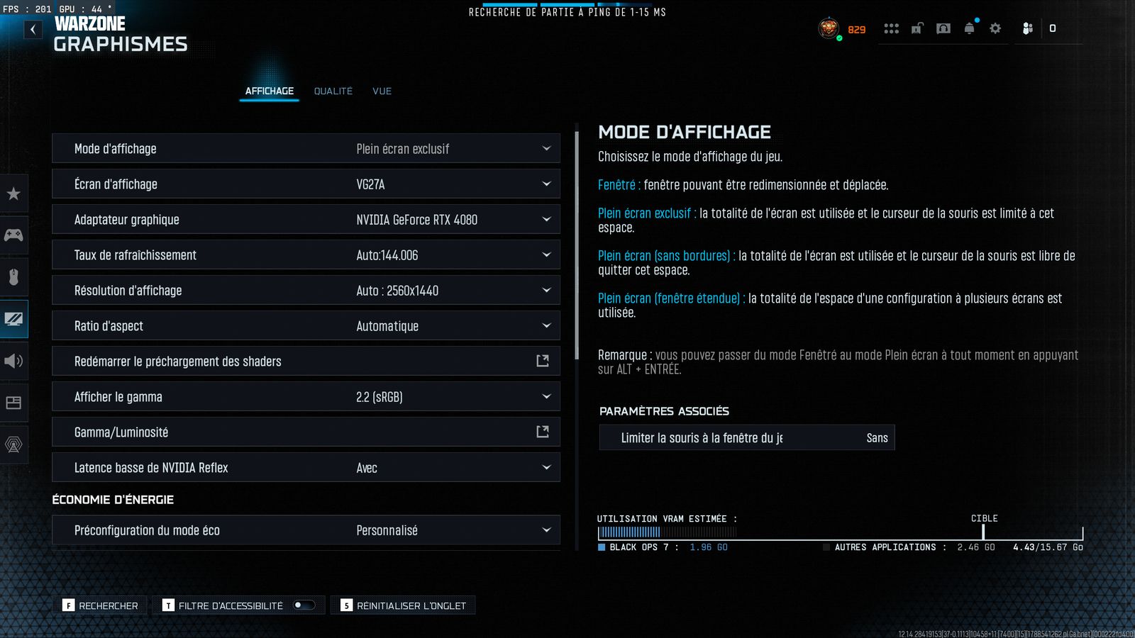 Réglages graphiques Warzone de HAILTOTHEKING_R, onglet Affichage : mode d'affichage, résolution, taux de rafraîchissement