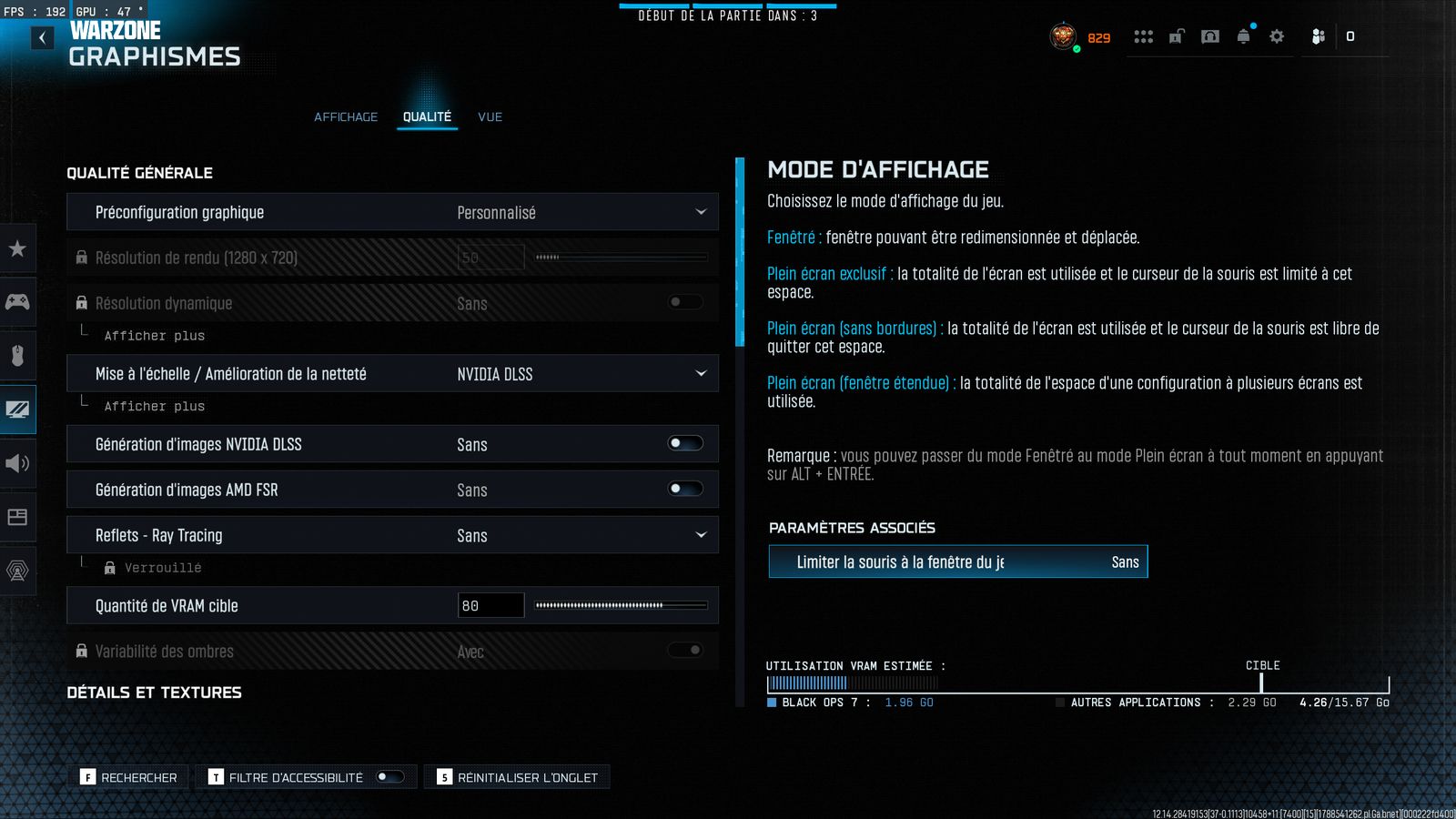 Réglages graphiques Warzone de HAILTOTHEKING_R, onglet Qualité : DLSS, ray tracing, VRAM