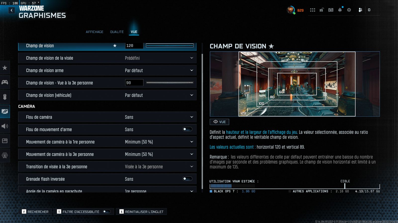 Réglages Warzone de HAILTOTHEKING_R, onglet Vue : champ de vision 120 et réglages de caméra